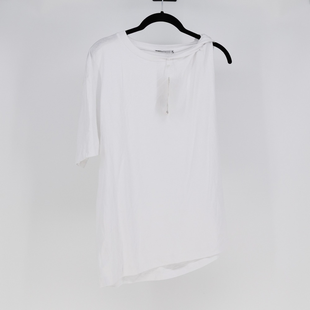NEW Zara Women's Cotton Crew Neck Asymmetrical Twist Shoulder Tee Shirt White M